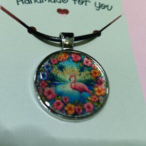 Handmade One of a Kind Tropical Flamingo glass Bezel pendant